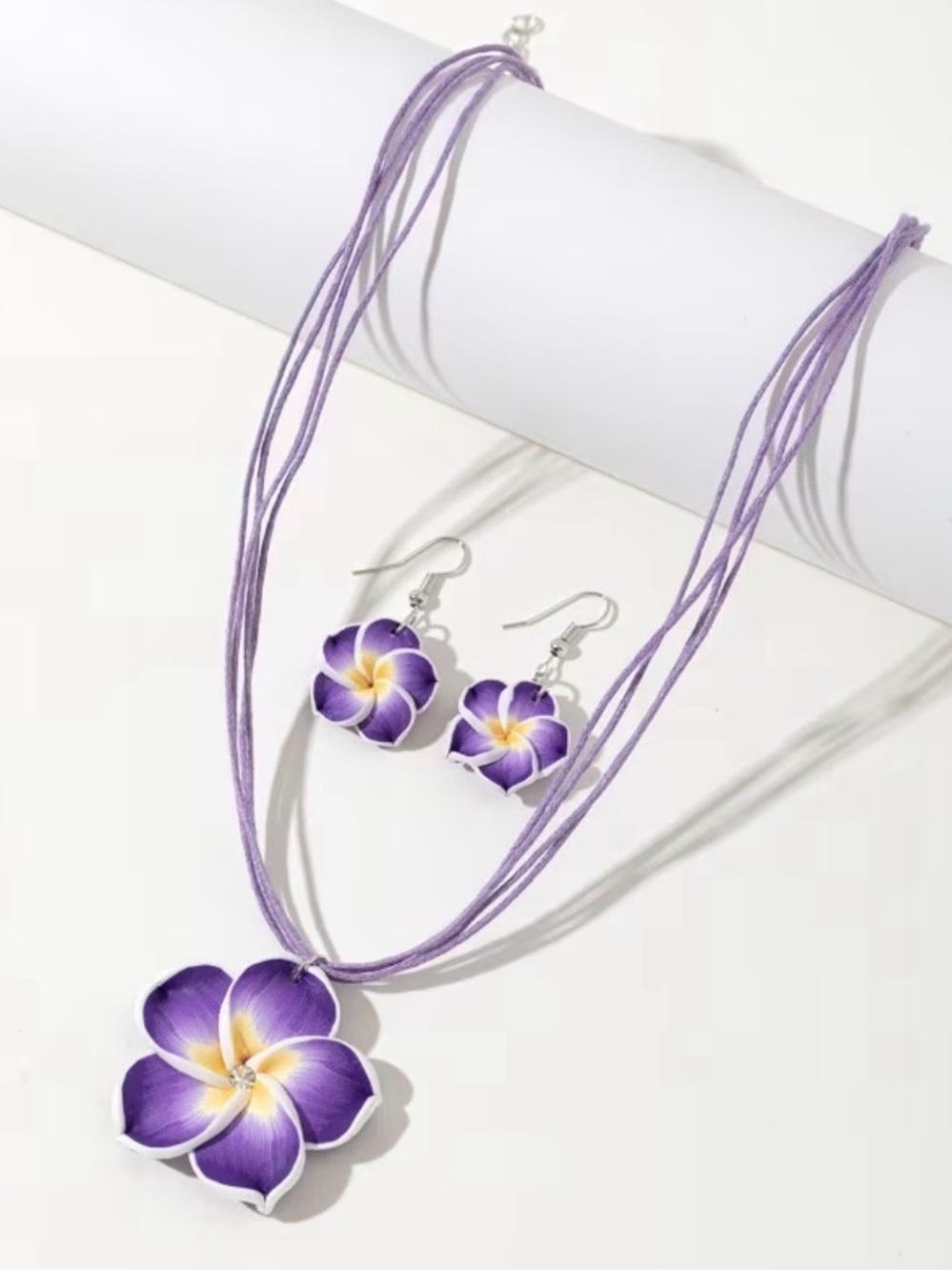 Purple Plumeria Flower Necklace & Earring Set - Floral Women Jewelry